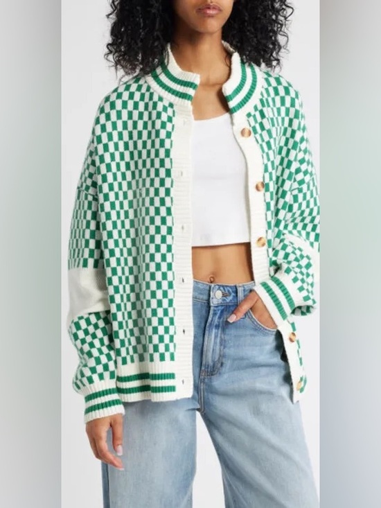 Dressed in LALA Jackets & Blazers - Dressed in LALA Green and White Checker Knit Cardigan